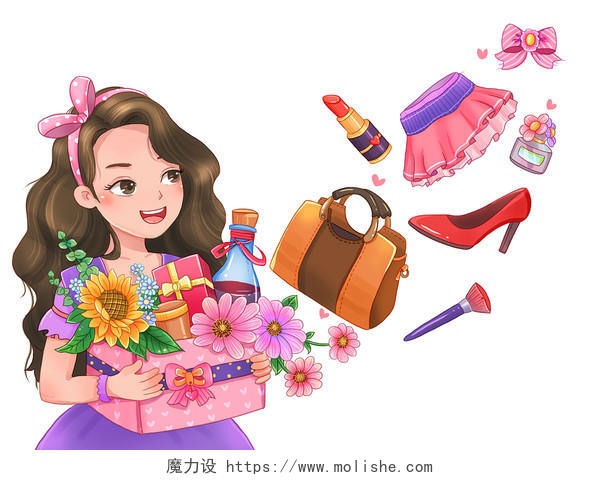 三八妇女节女神节女王节收到各种节日礼物女性插画元素
